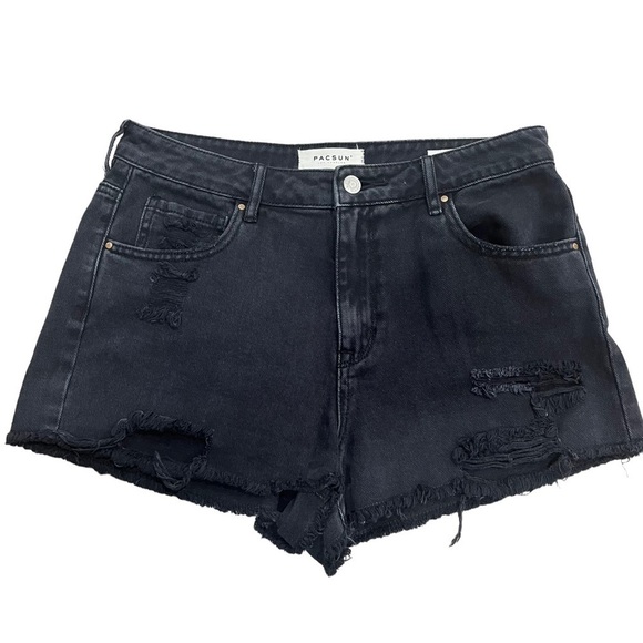 PacSun Distressed High Waisted Denim Festival 2” Cut Off Jean Shorts Black Sz 29 - Picture 4 of 9